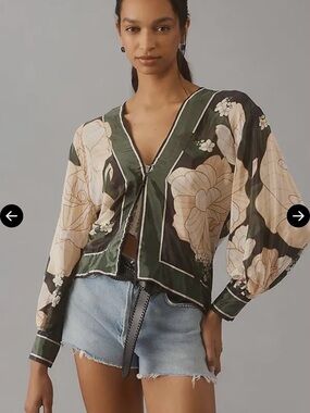 Farm Rio Silk Floral Balloon Sleeve Top in Olive and Cream